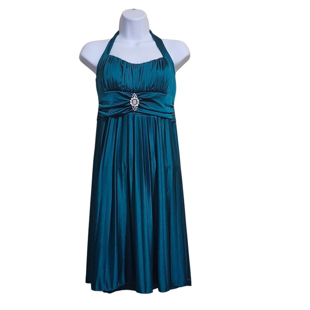 Y2K Speechless Halter Dress Elegant Teal Pleated Skirt Jewel Accents Size Medium